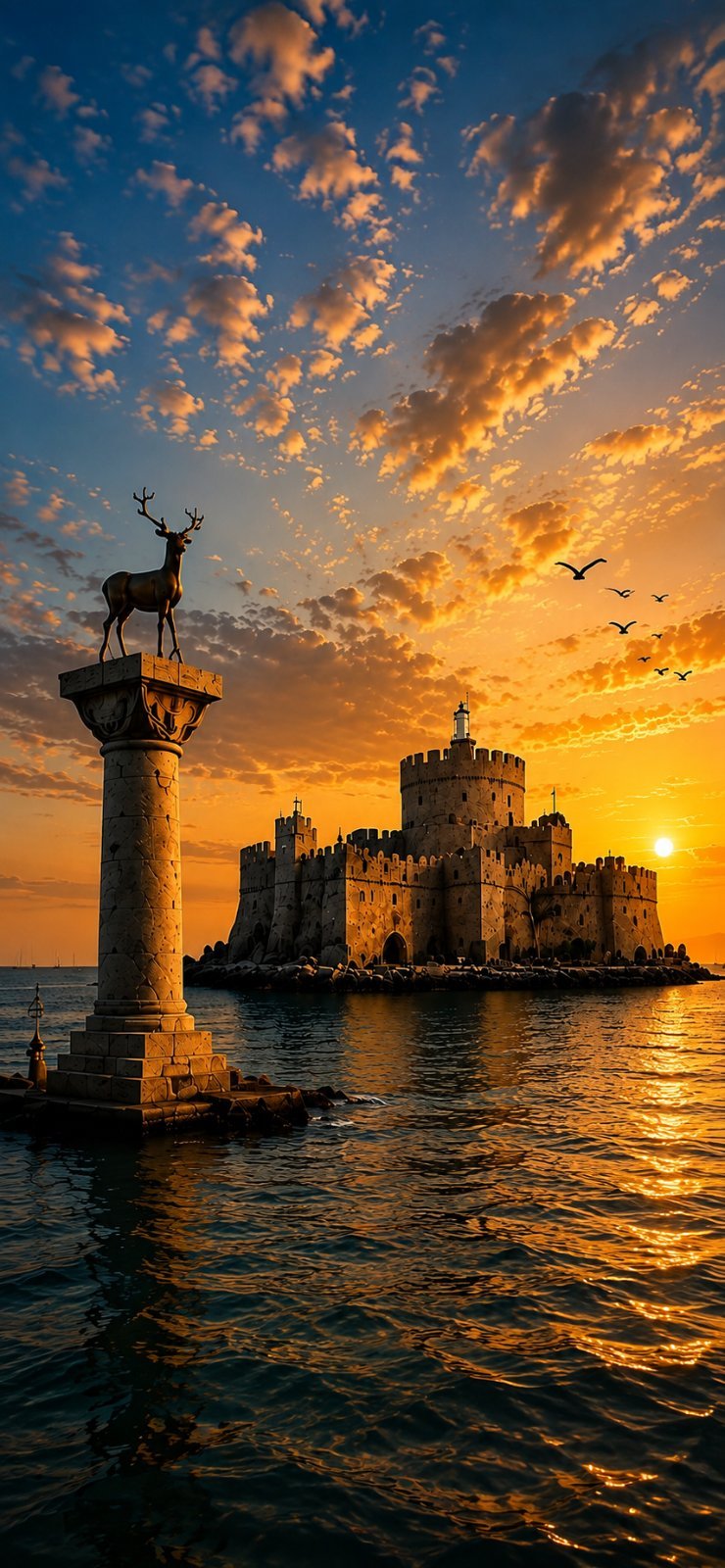 Sunset over Mandraki harbour, Rhodes
